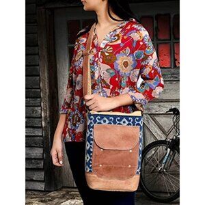 𝅺🆕 Royal Blue Hobo Leather Shoulder Bag Upcycled Cowhide Canvas Crossbody NWT